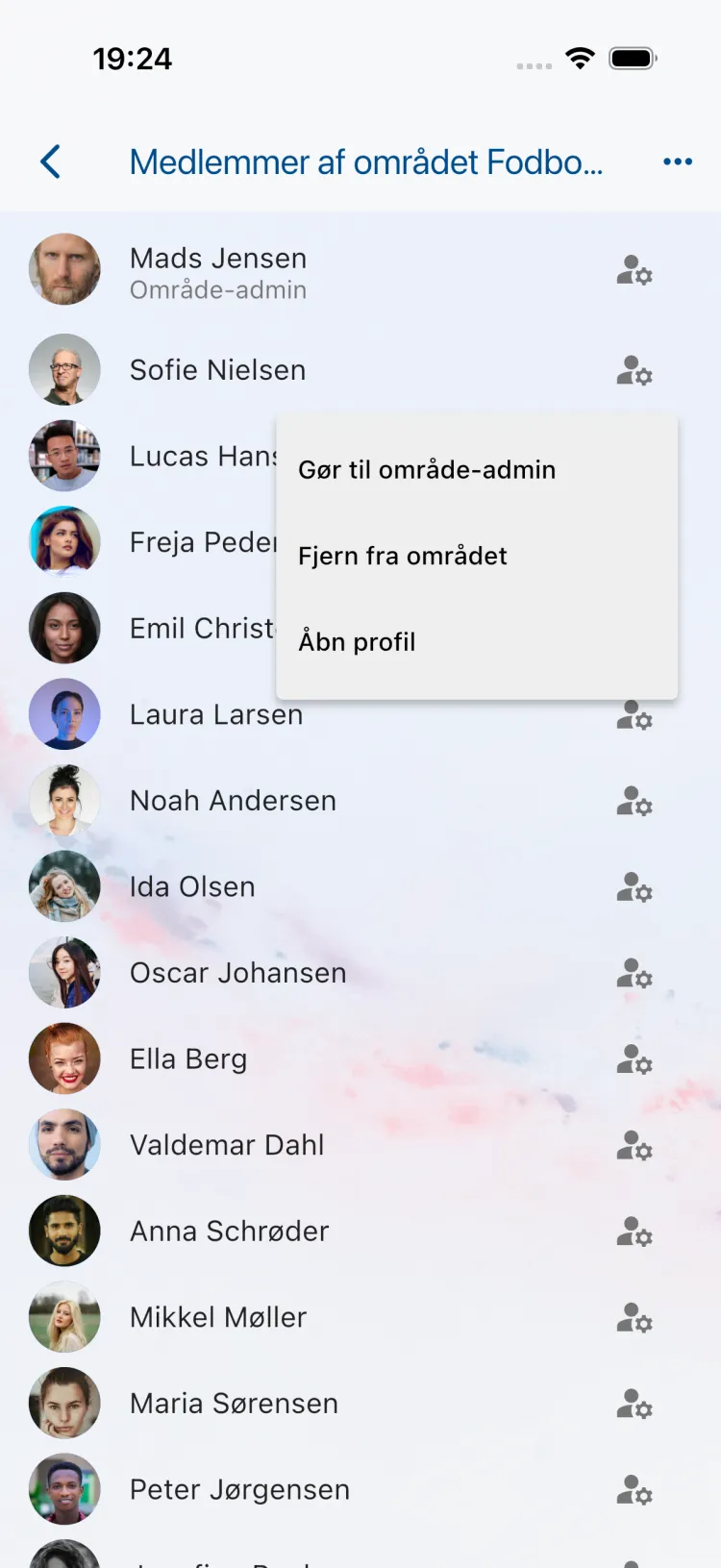 Medlemsliste for et område med "Fjern fra området"