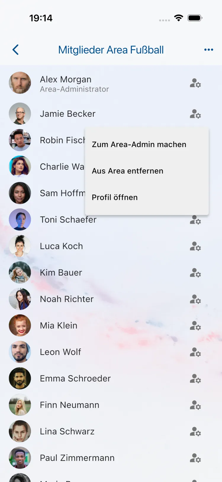 Mitgliederliste einer Area mit „Aus Area entfernen“