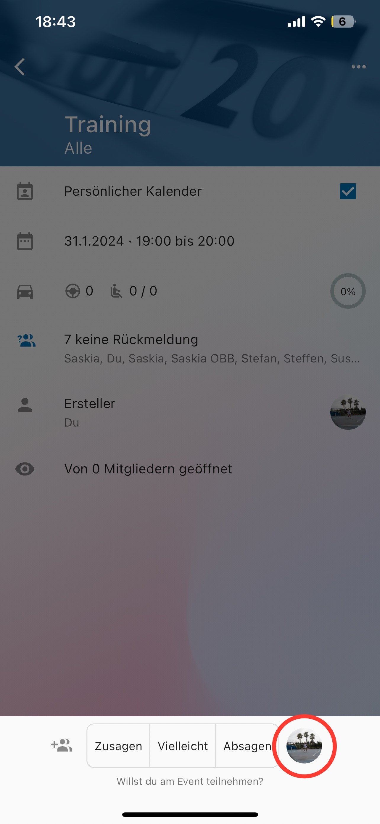 Avatar in der Zusage-Leiste antippen