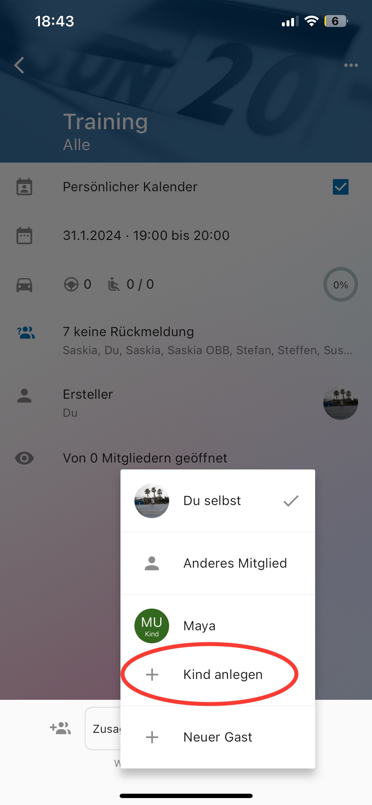Kind anlegen Option wählen