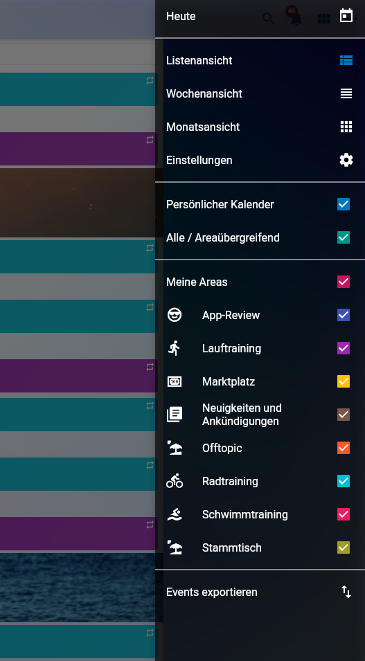 Kalendermenü mit Auswahl der angezeigten Areas