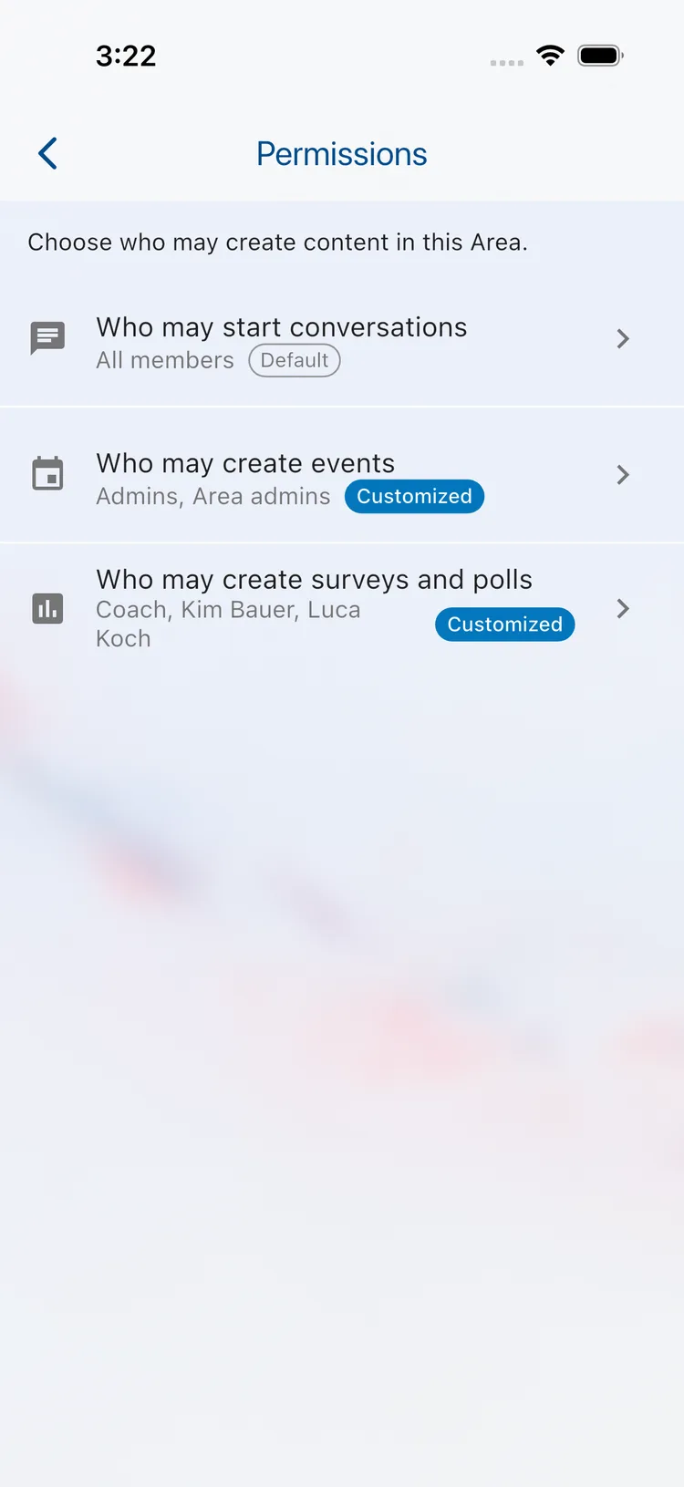 Permissions screen of an Area