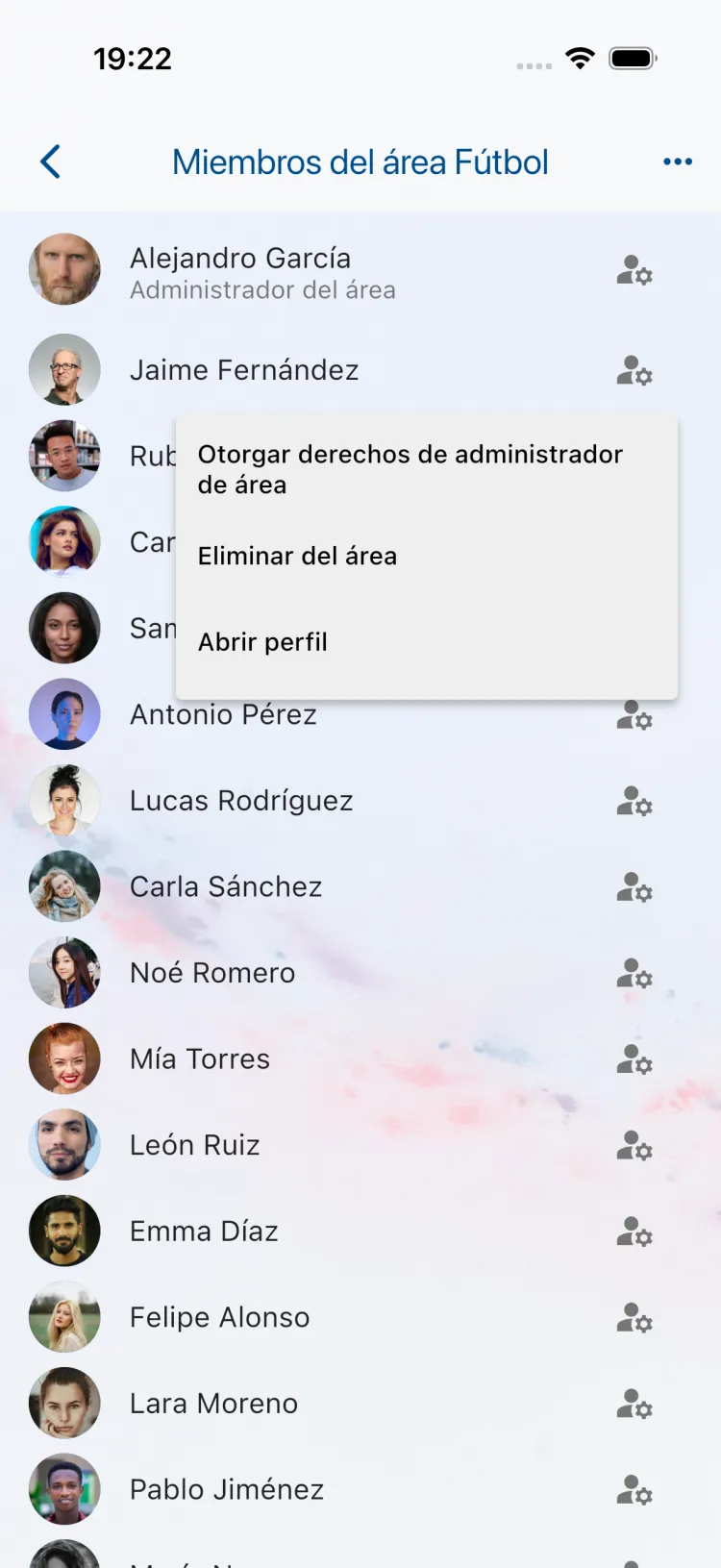Lista de miembros de un Área con "Eliminar del área"