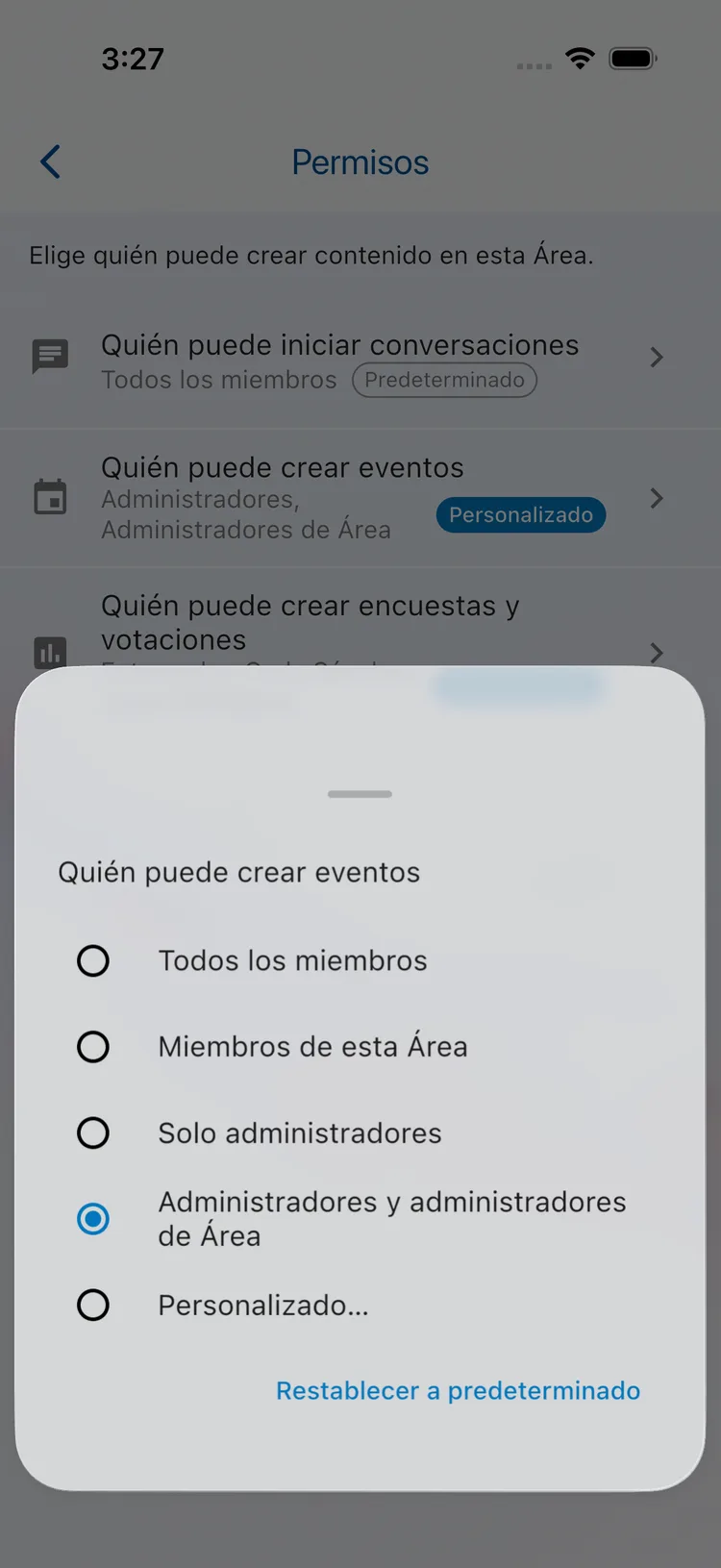 Opciones de quién puede crear eventos