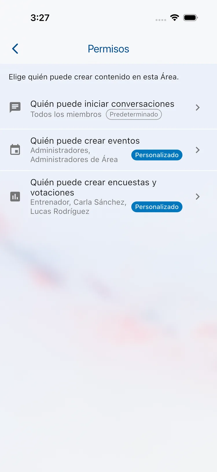 Permisos de un Área