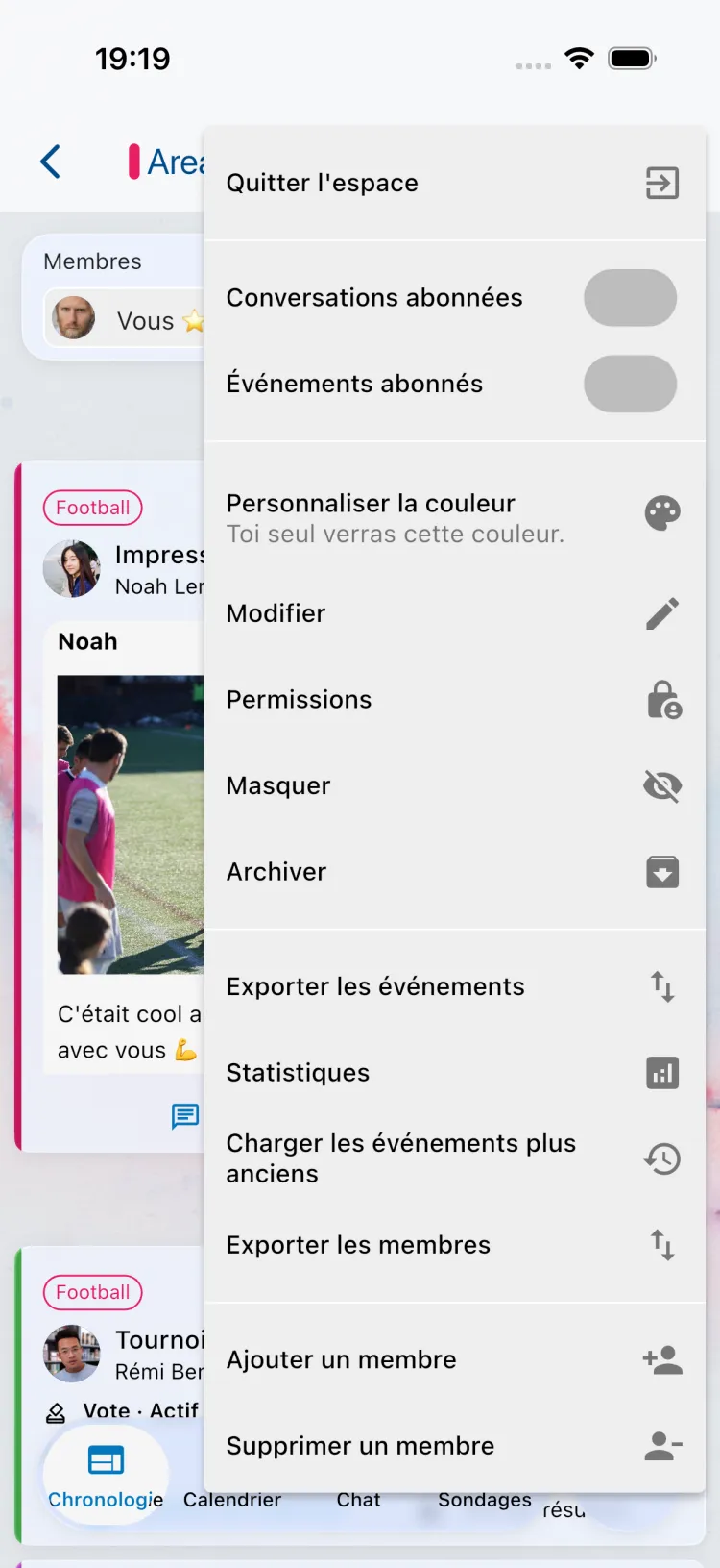 Menu de l'espace avec « Ajouter un membre »