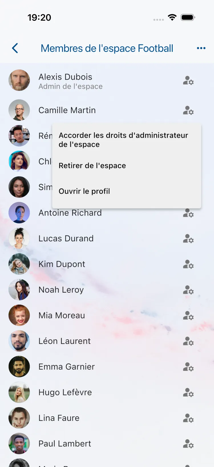 Liste des membres d'un espace avec « Retirer de l'espace »