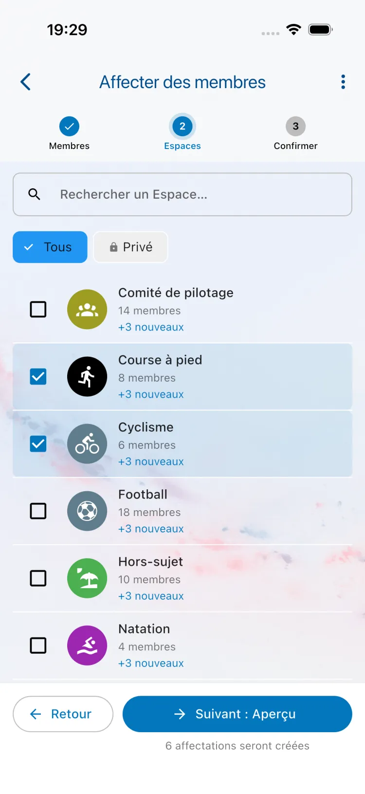 Étape 2 : sélectionner les espaces