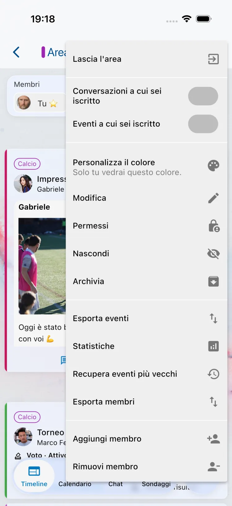 Menu Area con "Aggiungi membro"