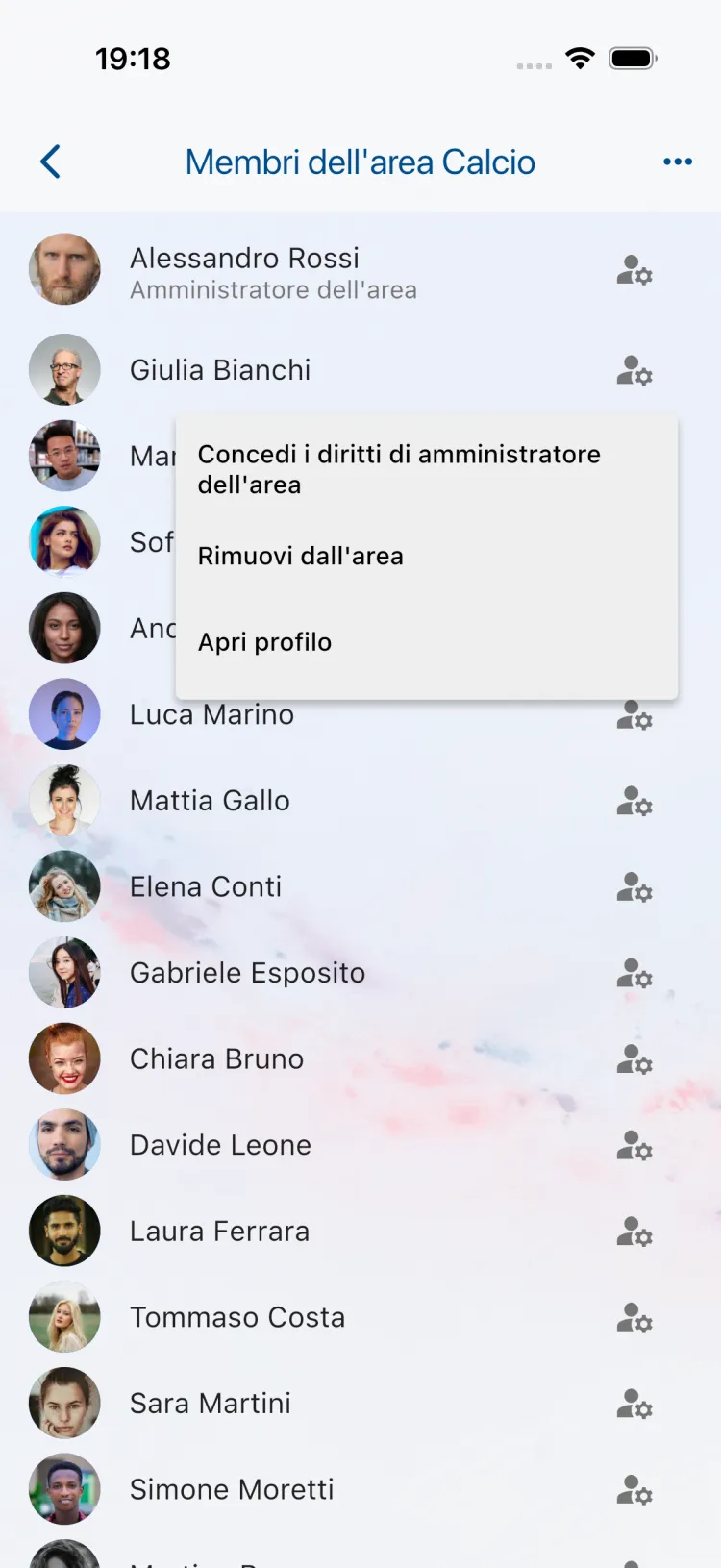 Elenco dei membri di un'Area con "Rimuovi dall'area"