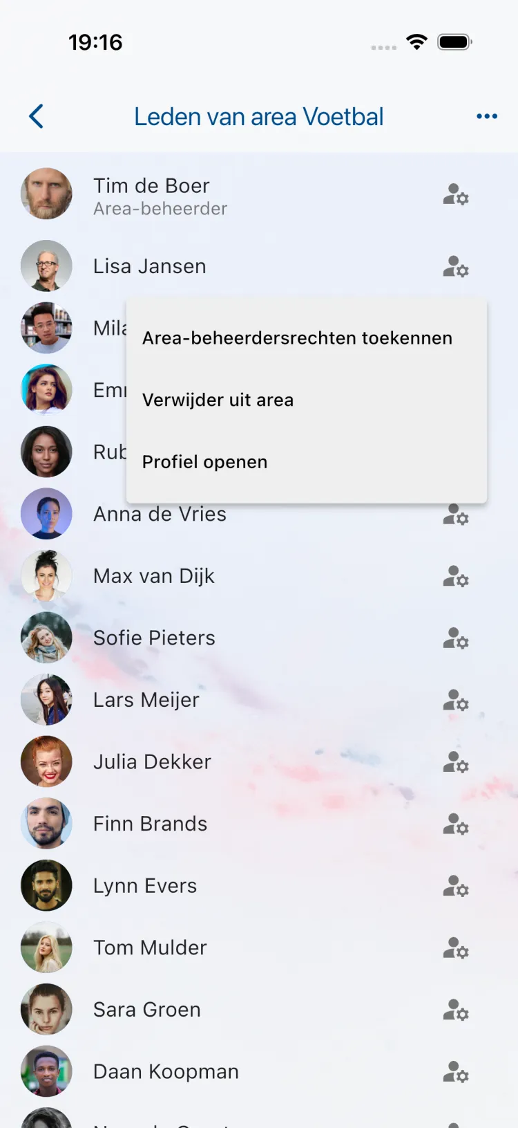 Ledenlijst van een Area met "Verwijder uit area"